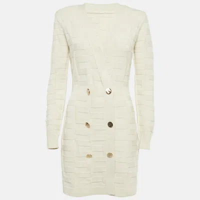 Pre-owned Elisabetta Franchi Cream Textured Knit Double Breasted Cardigan Mini Dress M In White