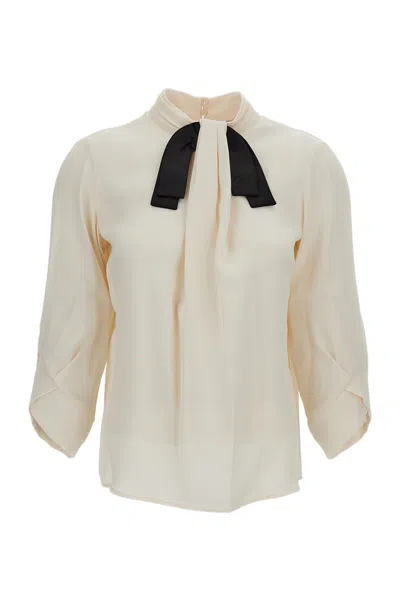 Elisabetta Franchi Cream White Satin Bow Embroidered Shirt In Transparent