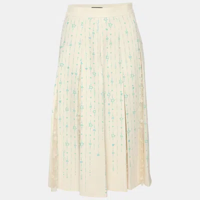 Pre-owned Elisabetta Franchi Cream/green Stretch Crepe And Lace Star Print Pleated Midi Skirt M In White