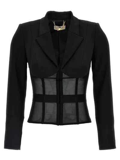Elisabetta Franchi Tailored Blazer With Sheer Tulle Panels In Black