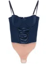 Elisabetta Franchi Corset Crepe Bodysuit With Criss-cross Laces In Blue