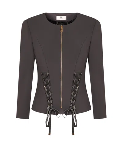 Elisabetta Franchi Crepe Jacket With Criss-cross Laces In Black