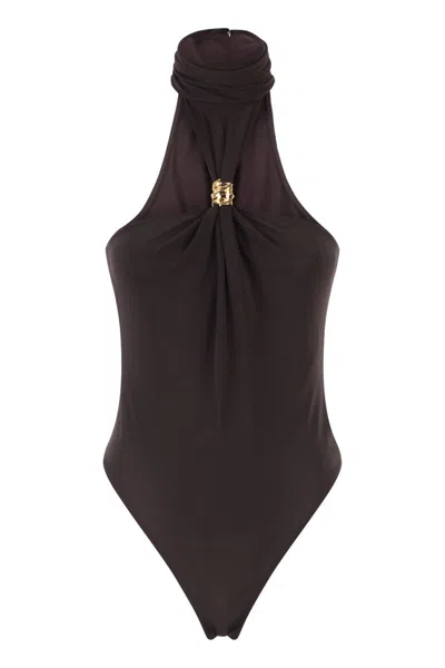 Elisabetta Franchi Crêpe Jersey Bodysuit With Jewel Detail In Brown