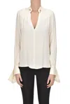 Elisabetta Franchi Pleated Shoulder Long Sleeve Shirt With Gold Hardware In White