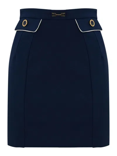 Elisabetta Franchi Crepe Skirt With Piping And Horsebit In Blue