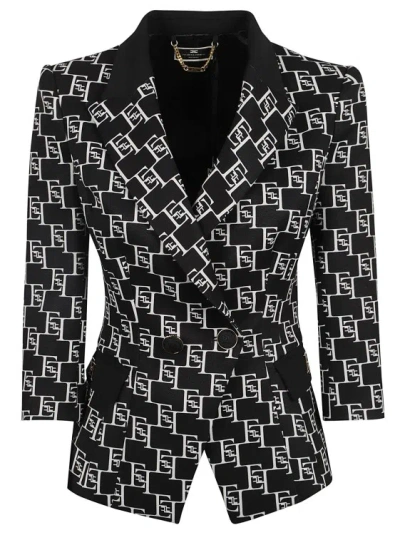 Elisabetta Franchi Crepe Texture Monogram Jacquard Jacket In Black