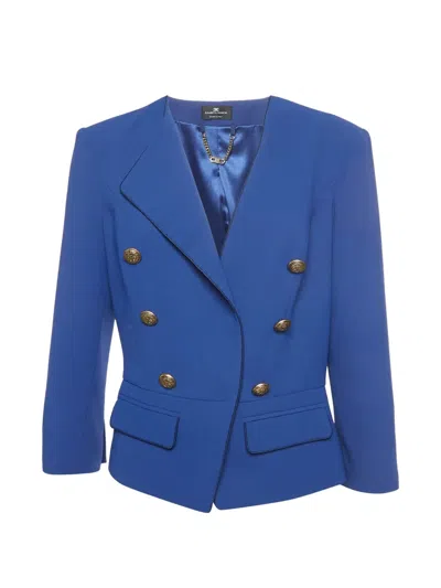 Pre-owned Elisabetta Franchi Crepe-texture Double-breasted Blazer In Blue