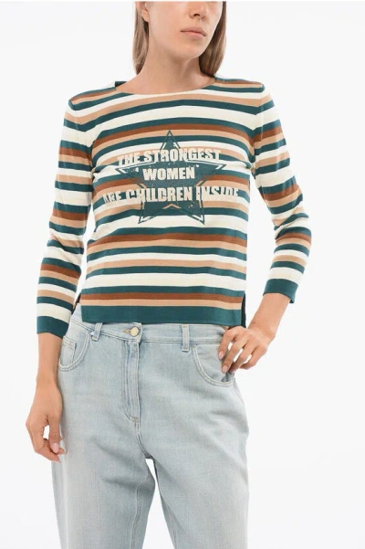 Elisabetta Franchi Crew Neck Bayadere Patterned Sweater With Print
