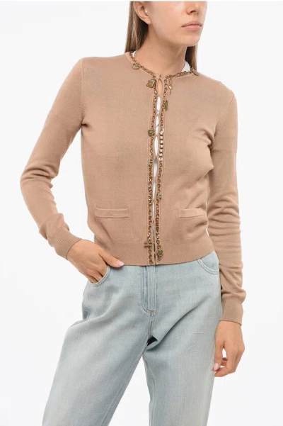 Elisabetta Franchi Crew Neck Cardigan With Jewel Detail In Pink