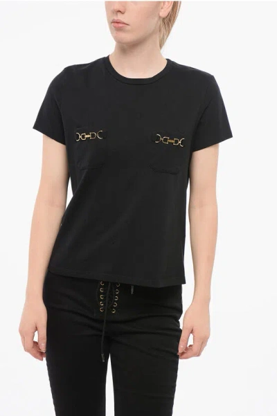Elisabetta Franchi Crew Neck Cotton T-shirt With Jewel Breast-pockets
