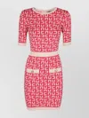 Elisabetta Franchi Crew Neck Fitted Silhouette Geometric Pattern Dress In Red