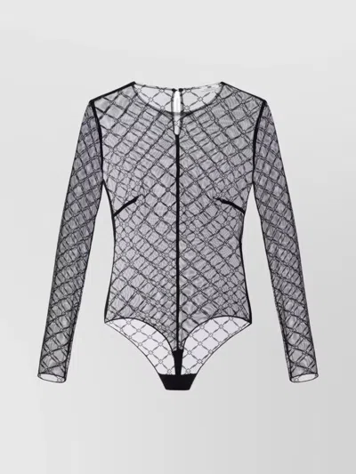 Elisabetta Franchi Crew Neck Geometric Pattern Sheer Bodysuit In Black