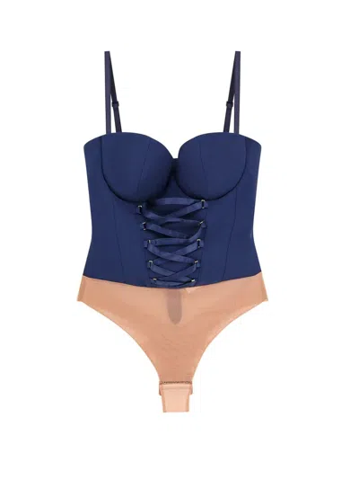 Elisabetta Franchi Criss-cross Laces Crepe Bodysuit In Blue