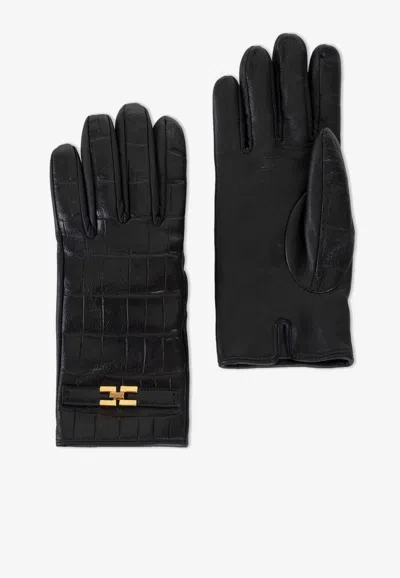 Elisabetta Franchi Croc-embossed Leather Gloves In Black