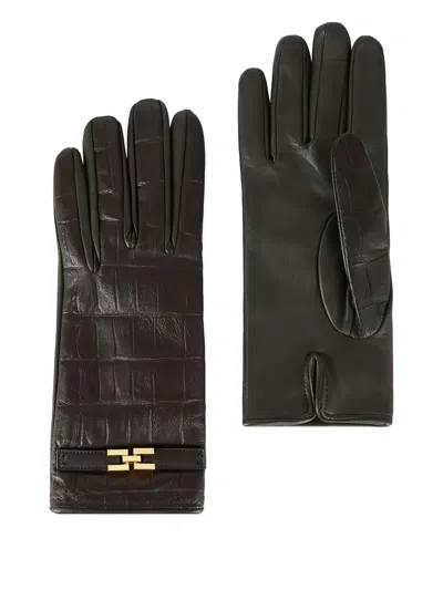 ELISABETTA FRANCHI CROCODILE-DEBOSSED LOGO GLOVES S