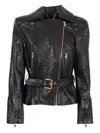 Elisabetta Franchi Textured Sheepskin Leather Jacket With Asymmetrical Zipper In Black