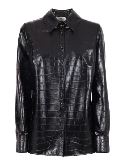 ELISABETTA FRANCHI CROCODILE-EMBOSSED GLOSSY BLACK SHIRT