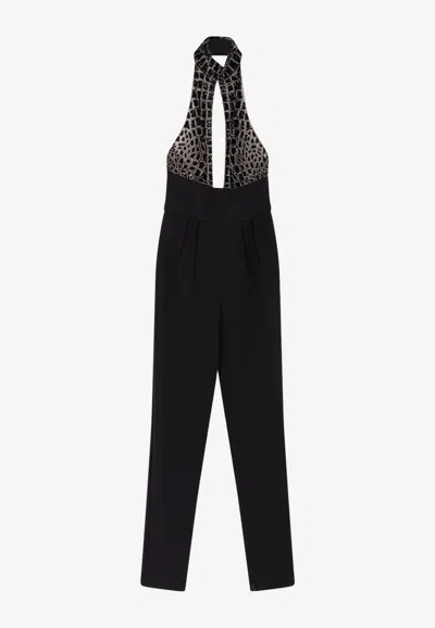 ELISABETTA FRANCHI CROCODILE EMBROIDERED CUT-OUT JUMPSUIT
