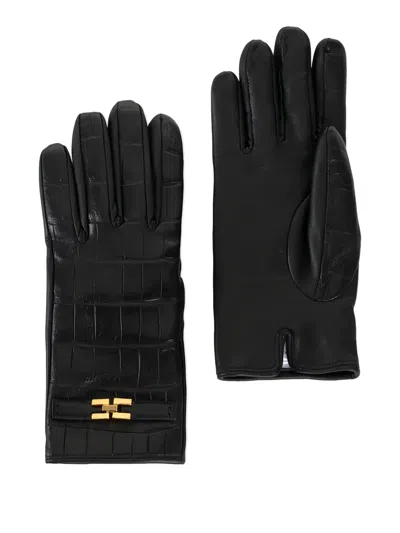 ELISABETTA FRANCHI CROCODILE-PRINT LOGO LEATHER GLOVES