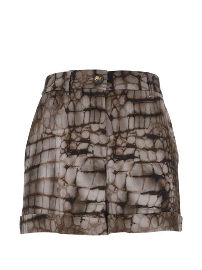 Elisabetta Franchi Brown Pants With Belt Loops And All-over Print In Viscose Stretch Woman