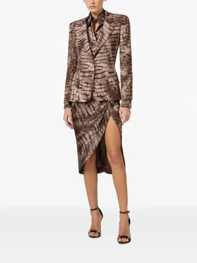 Elisabetta Franchi Crocodile-effect Cropped Blazer In Brown
