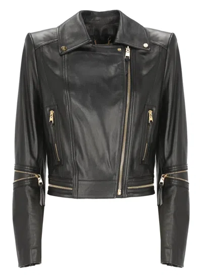Elisabetta Franchi Cropped Black Leather Jacket With Gold Zipper Details In Gray