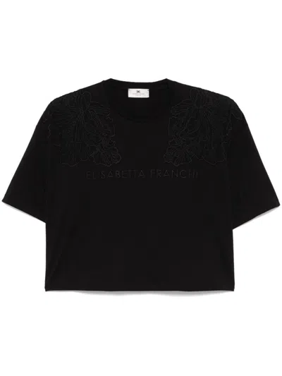 ELISABETTA FRANCHI CROPPED BLACK T-SHIRT WITH FLORAL EMBROIDERY