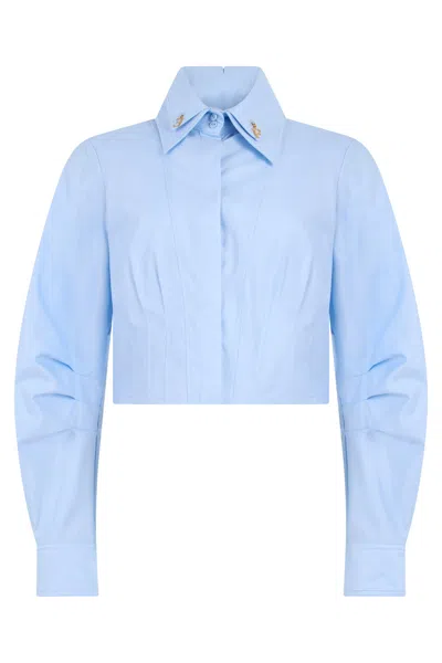 Elisabetta Franchi Cropped Cotton Button-front Shirt With Classic Collar In Blue