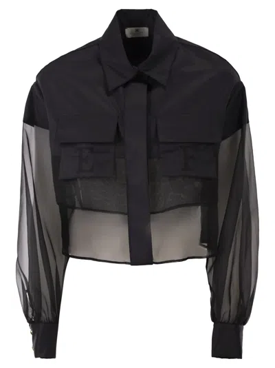 Elisabetta Franchi Cropped Cotton Shirt With Silk Organza Inserts In Black