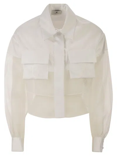 Elisabetta Franchi Cropped Cotton Shirt With Silk Organza Inserts In Neutral