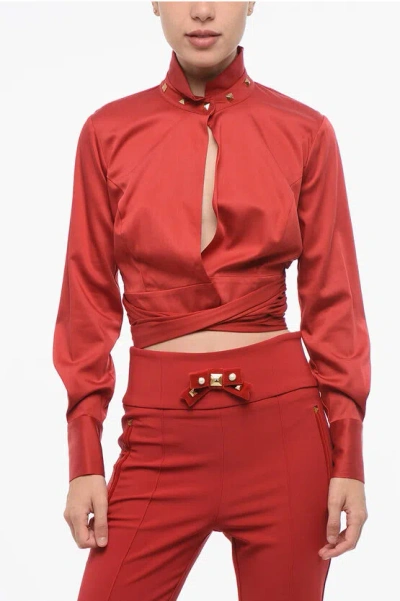Elisabetta Franchi Cropped Cut Out Blouse With Self-tie Detail In Red