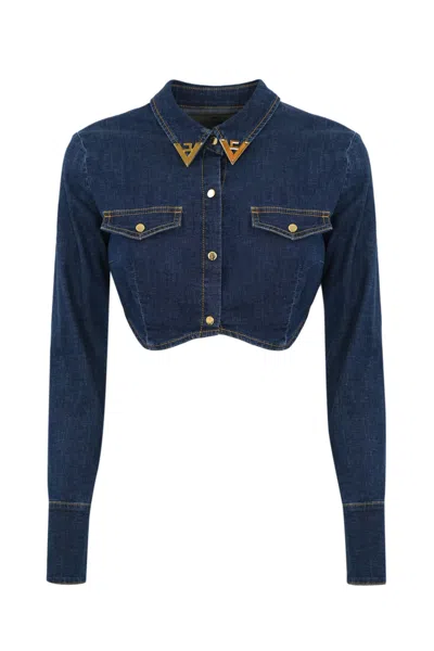 Elisabetta Franchi Cropped Denim Shirt With Metal Logo Details In Blue