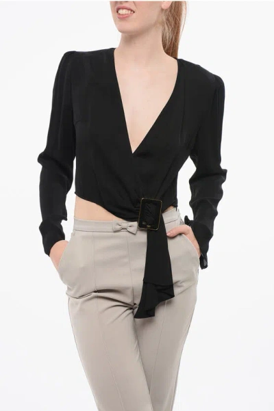 Elisabetta Franchi Cropped Fit Wrap Blouse With Buckle In Black