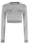 Elisabetta Franchi Cropped Grey Melange Sequin Sweater With Jewel Buttons In Gray