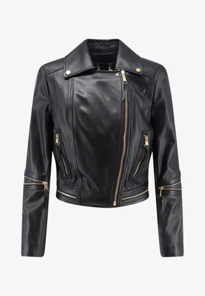 Elisabetta Franchi Cropped Leather Biker Jacket In Black