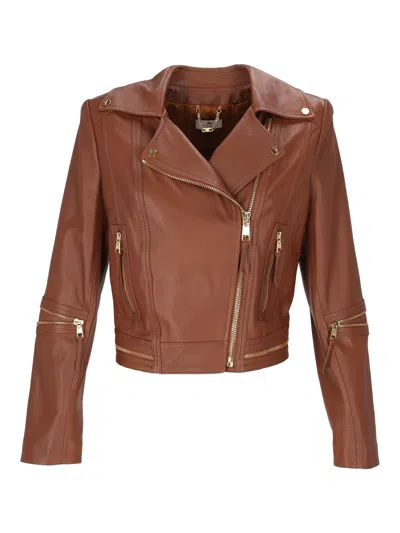 Elisabetta Franchi Cropped Leather Jacket With Asymmetrical Zipper And Gold Accents In Brown