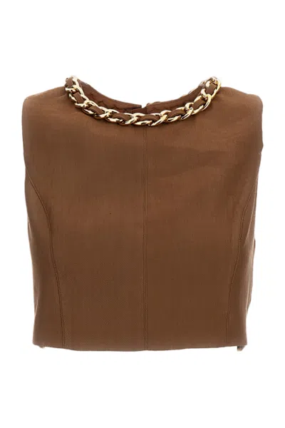 Elisabetta Franchi Cropped Linen-blend Top In Brown