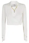 Elisabetta Franchi Cropped Shirt With Golden Chain And Padded Shoulders In White