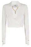 Elisabetta Franchi Cropped Shirt With Golden Chain And Padded Shoulders In White