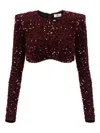 Elisabetta Franchi Cropped Long-sleeved Top With Scalloped Hem In Burgundy