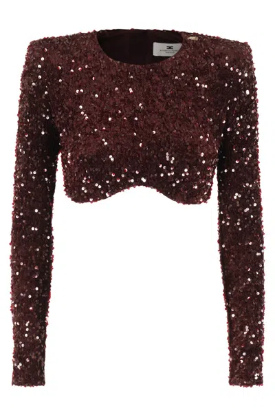 ELISABETTA FRANCHI CROPPED MERLOT SEQUIN TOP