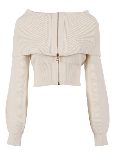 Elisabetta Franchi Cropped Off-the-shoulder Knit Top In White