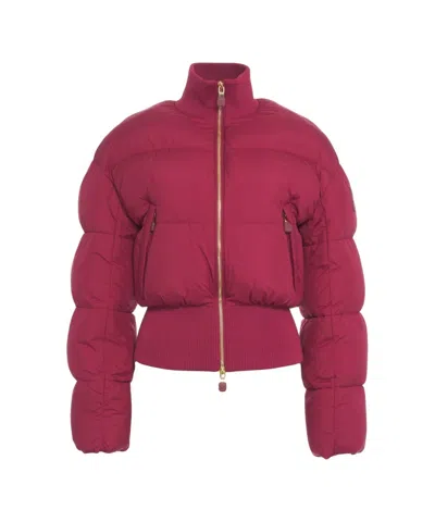 Elisabetta Franchi Cropped Red Quilted Puffer Jacket With High Collar In Burgundy
