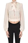 Elisabetta Franchi Cropped Shirt With Lace Inserts In Cream