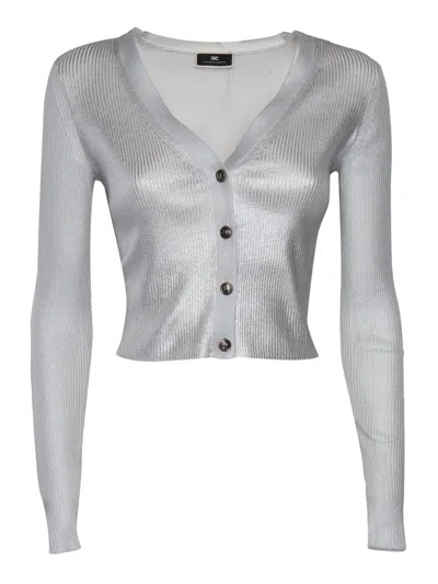 Elisabetta Franchi Cropped Silver Tricot Ribbed Sweater