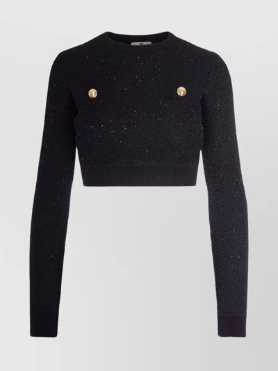 Elisabetta Franchi Cropped Sweater With Gold Buttons And Sequins In Black