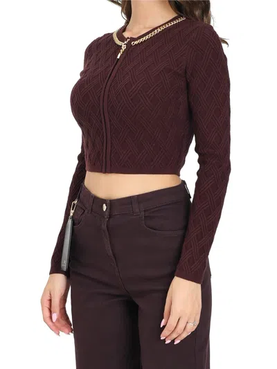 Elisabetta Franchi Cropped Textured Cardigan With Front Zip And Gold Chain Detail In Burgundy