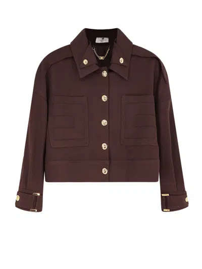 Elisabetta Franchi Short Jacket Gold Buttons Patch Pockets Belt In Brown