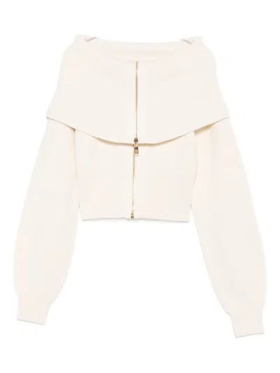ELISABETTA FRANCHI CROPPED WHITE SWEATER WITH FOLD-OVER COLLAR