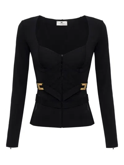 ELISABETTA FRANCHI ELISABETTA FRANCHI CROSS-FRONT PANELED JACKET WITH SWEETHEART NECKLINE AND BUCKLE DETAILING